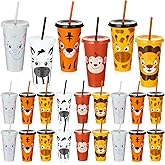 Domensi 24 Pcs Plastic Cups with Lid Straw 24 oz Reusable Tumbler Water Bottle Coffee Mug for Team Employee Students Birthday Party Favors Supplies(Jungle Animal)