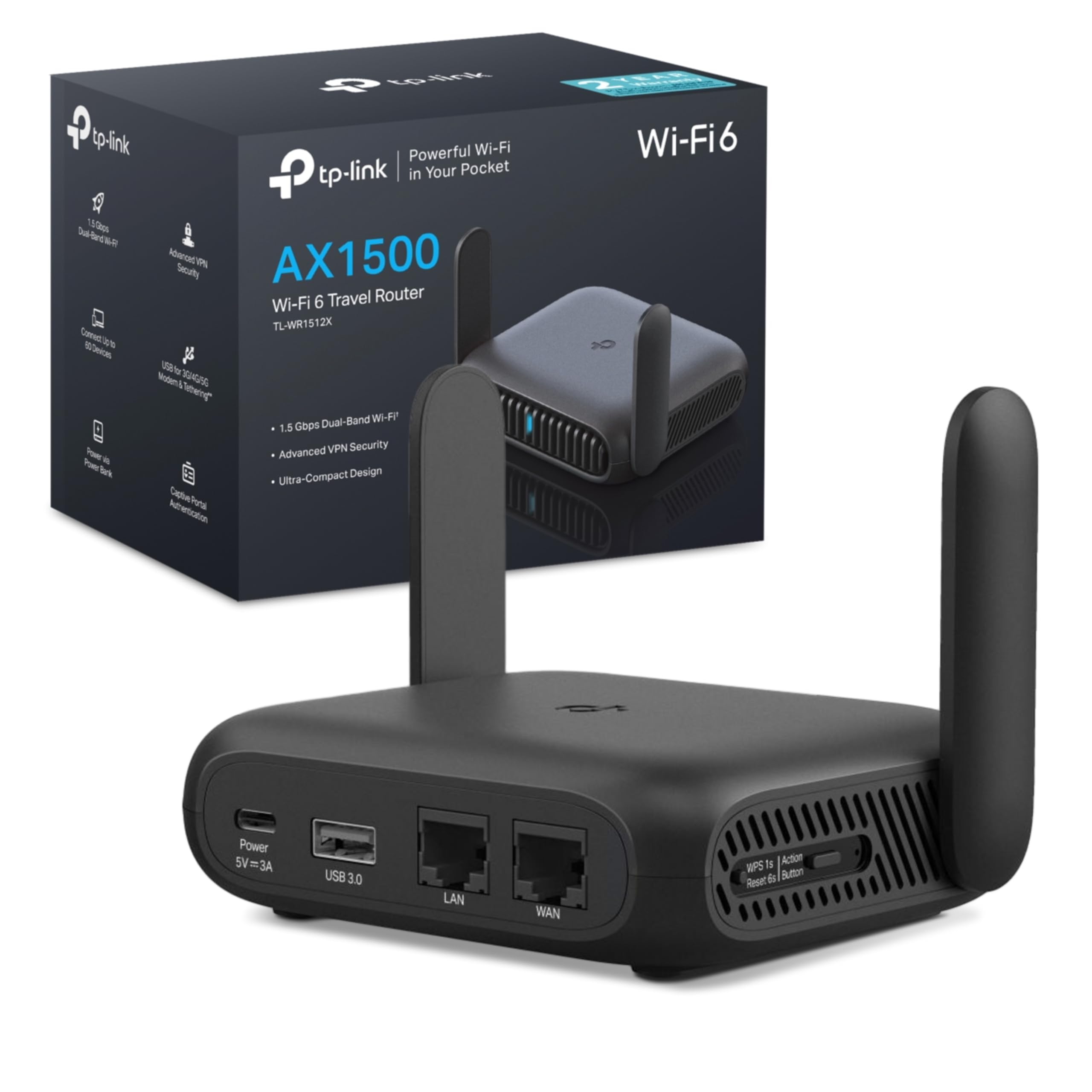 TP-Link TL-WR1512X Wi-Fi 6 Reise WLAN Router AX1500, Dual-Band Access Point mit Powerbank-Betrieb, 2×Gigabit-Port, OpenVPN & WireGuard, USB 3.0, WPA3, 7 Betriebsmodi