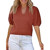 Saodimallsu Womens Puff Short Sleeve Sweater Top Waffle Knit V Neck Spring Summer Cropped Trendy Cute Shirts Blouses