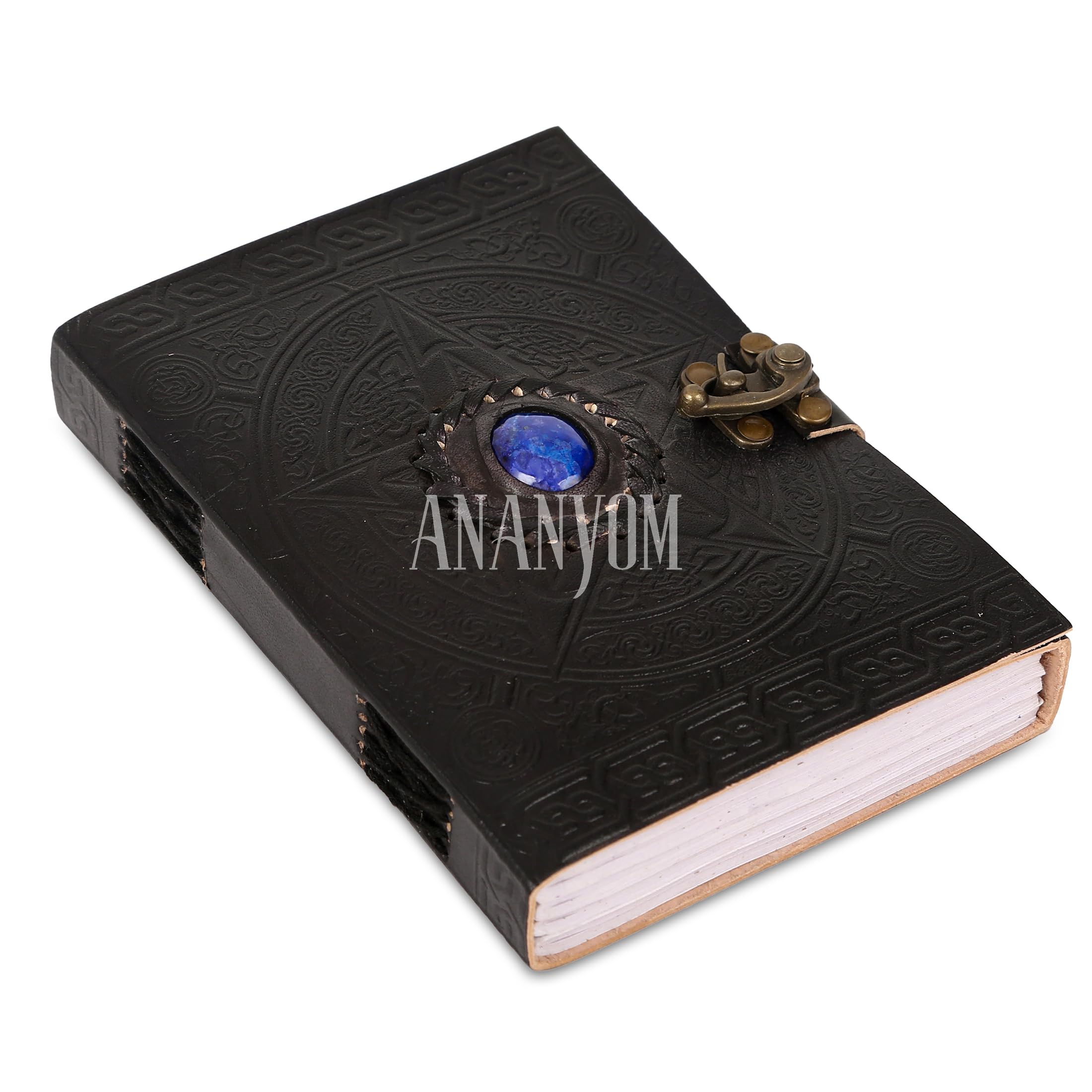 ANANYOM Handmade Leather Journal, Black, Pentagram Lapis Lazuli Stone Design, Genuine Leather Notebook Diary, Sketchbook with Brass Clasp Lock, Embossed Journal for Men & Women, Office Journal