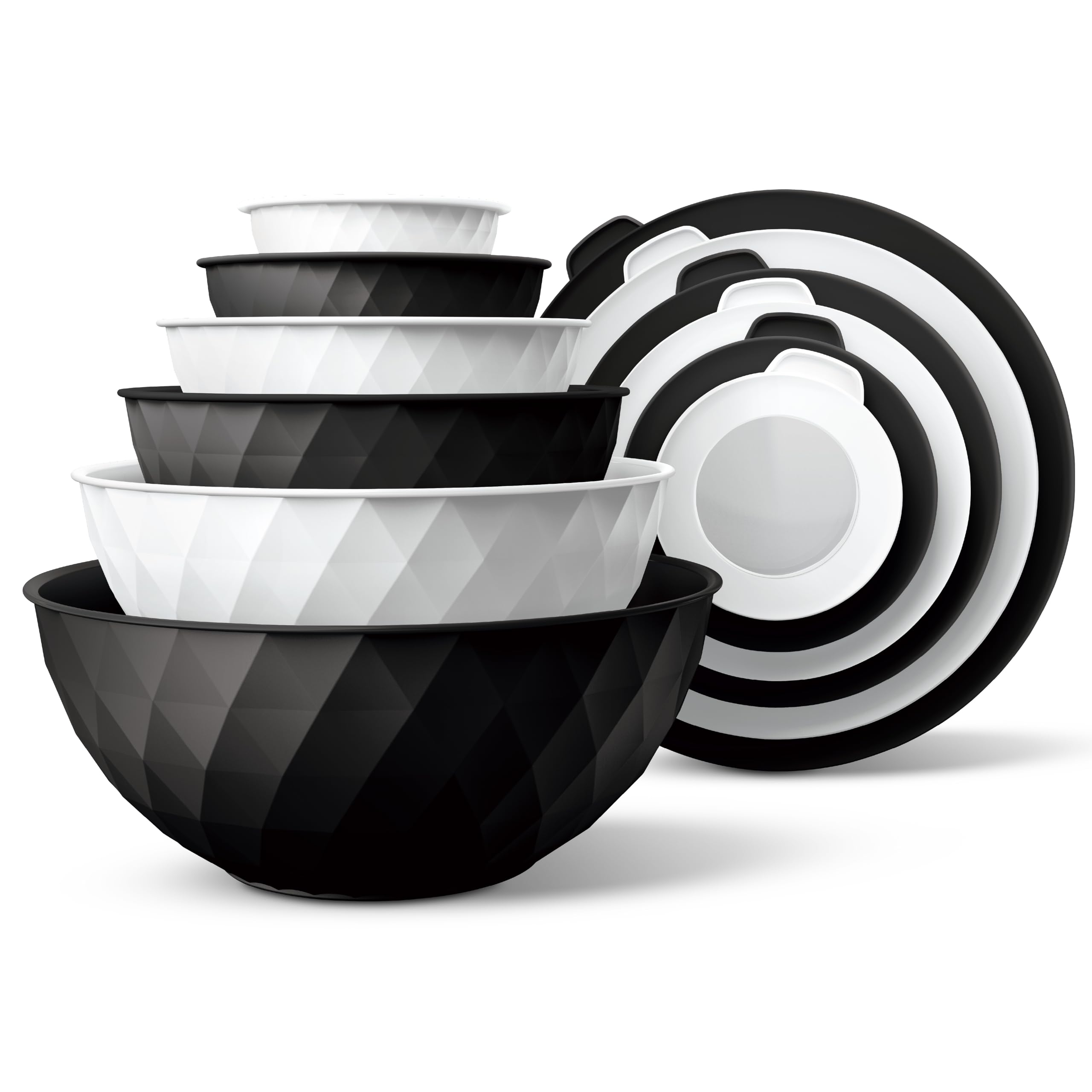 COOK WITH COLOR Mixing Bowls with Lids - 12 Piece Plastic Nesting Bowls Set includes 6 Prep Bowls and 6 Lids, Diamond Design - Microwave Safe, Black and White Image