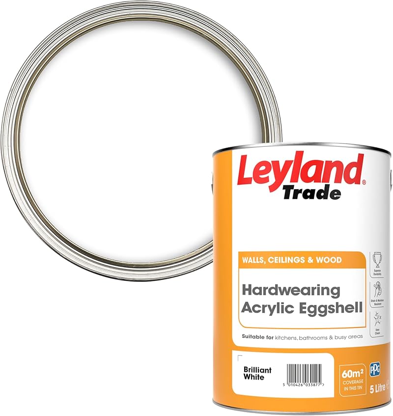 Leyland Trade Acrylic Eggshell Paint Brilliant White 5 Litre Kitchen Bathroom