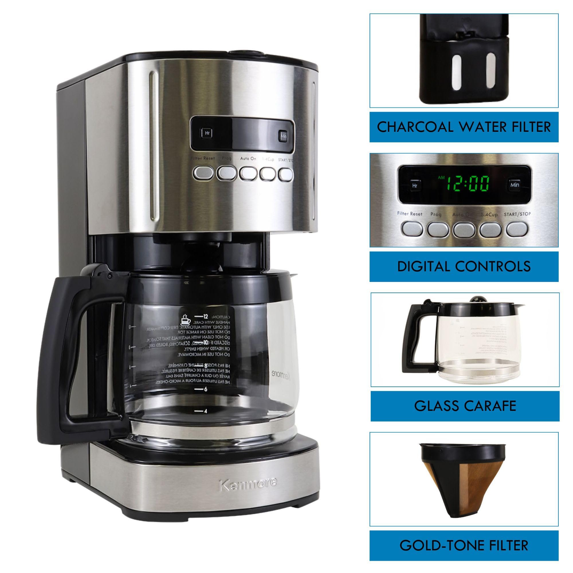 Kenmore Cafetera de goteo: máquina de café programable con olla de vidrio, preparación regular y audaz, depósito de agua grande con apagado automático, filtro reutilizable, electrodomésticos de cocina para cafetería barista, 12 tazas, color negro