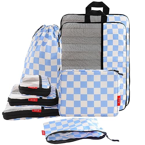 U+U 8 Set Compression Packing Cubes - Ultralight Travel Organizers with Laundry Bag and Cosmetic Bag, Space-Saving Suitcase Organizer for Travel, Business Trip and Family Vacation (Blue Checkered)