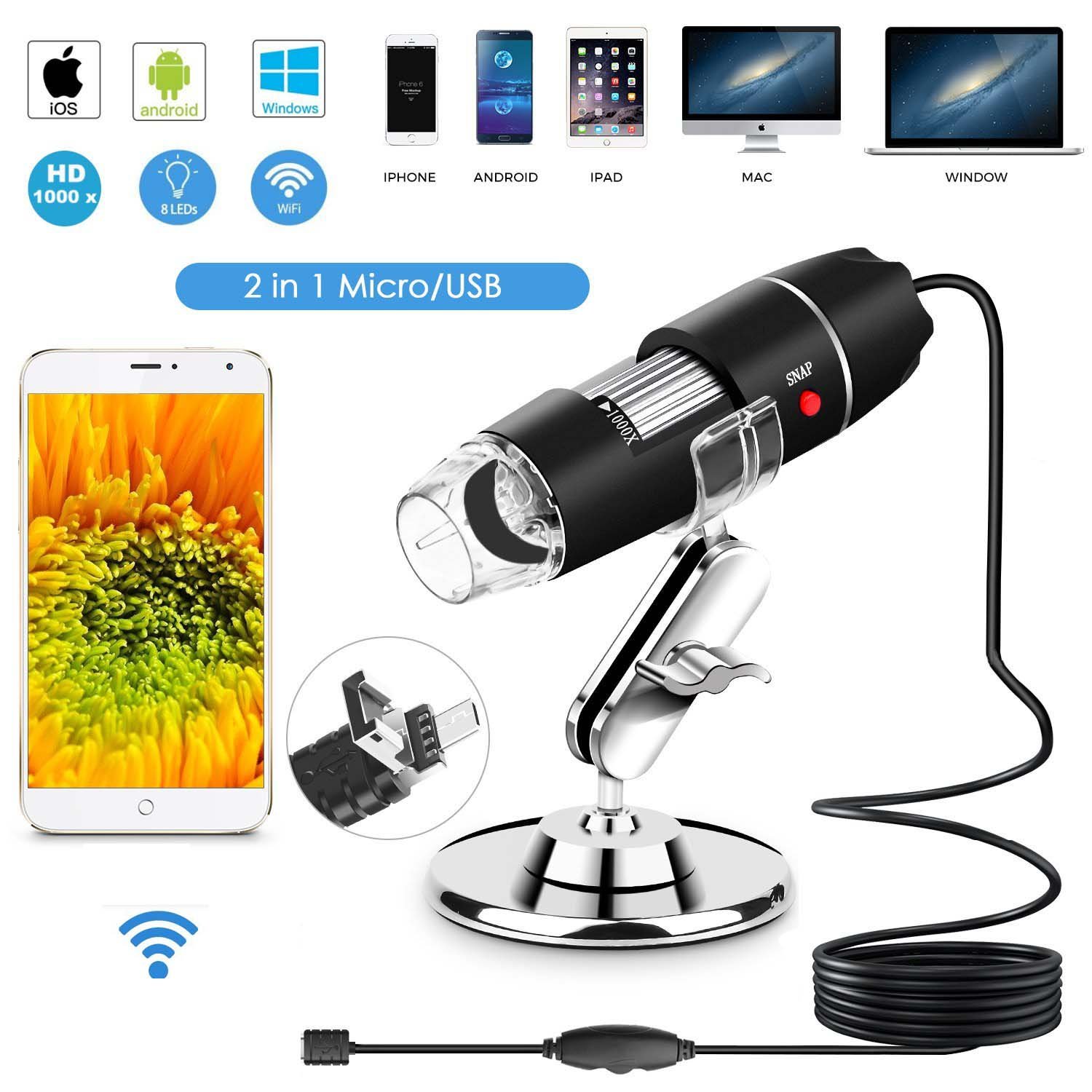 Wifi USB Digital Handheld Microscope, 40 to 1000x Amazon.co.uk Camera