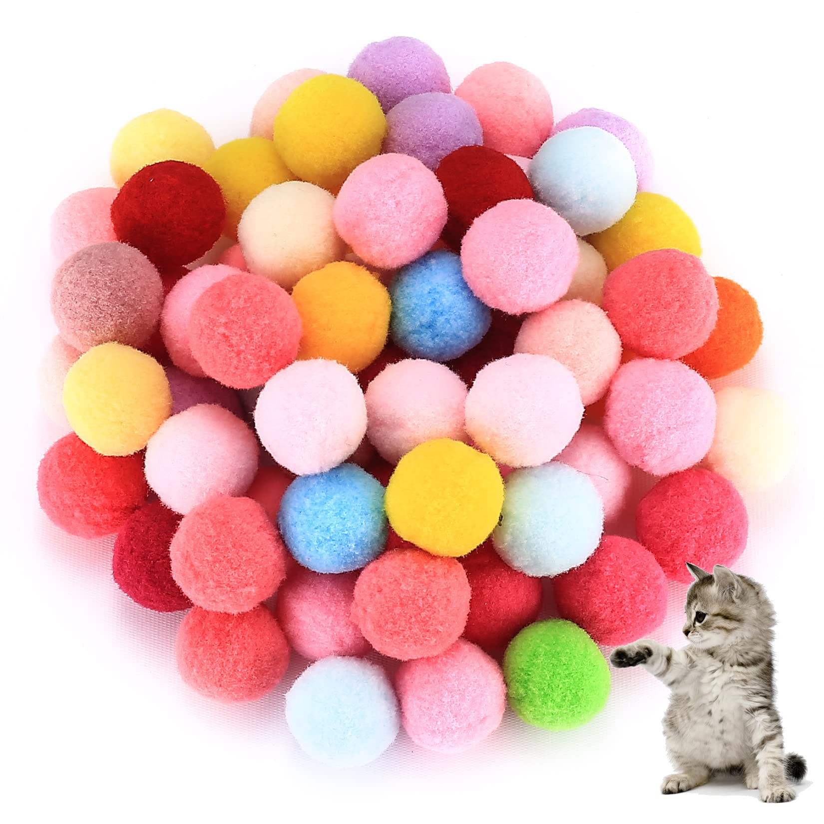 wugongshan 100 Pack Cat Toy Balls, Vibrant Color Furry Cat Balls, Soft Cats Pom Pom Toy Ball, Interactive Plush Pet Kitty Ball, Perfect Cats Supplies for Exercise and Fun