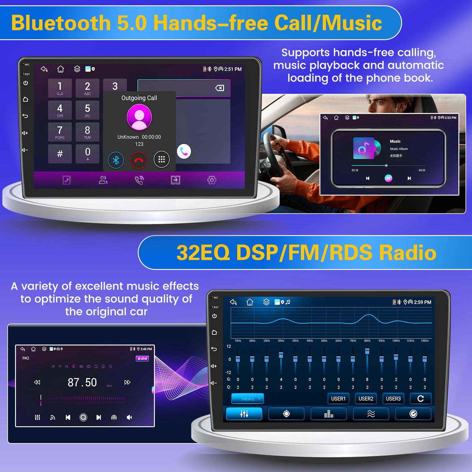 8 Core 4+64GB Android Car Stereo Double Din Wireless Carplay Android Auto, [Support SIM Card] 9 Inch Touch Screen Car Radio WiFi, GPS Bluetooth 5.0 AM/FM/RDS Mic Backup Camera EQ DSP