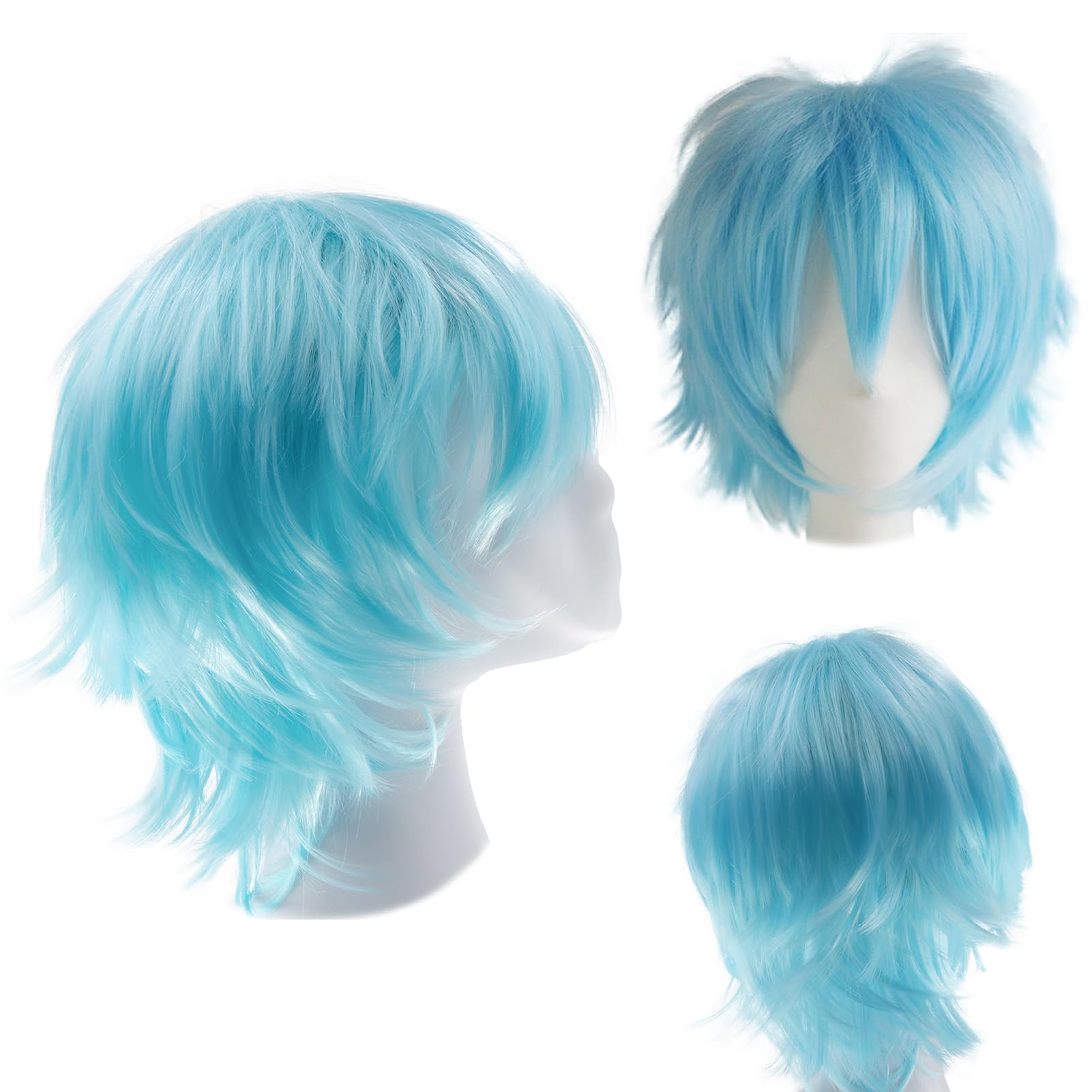 Dcbaboo Blue Wig Short Curly Wig Men/Women Wigs Anime Cosplay Wig 12" Natural Fluffy Layered Straight Hair Unisex Halloween Wig Fancy Dress Synthetic Full Wig with Wig Cap, Sky Blue