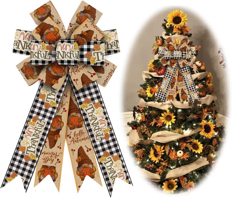 Bows & Ribbons - Large Thanksgiving Bows for Wreath, Black White Buffalo Plaid Gnomes Wreath Bows Fall Maple Leaf Pimpkin Bows for Front Door, Farmhouse Ornament Tree Topper Bows for Autumn Indoor Outdoor Decoration