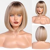 HAIRCUBE Bob Wig Short Ombre Blonde Wig with Bangs,Shoulder Length Synthetic Wigs for Women,Highlight Wigs for Daily Use