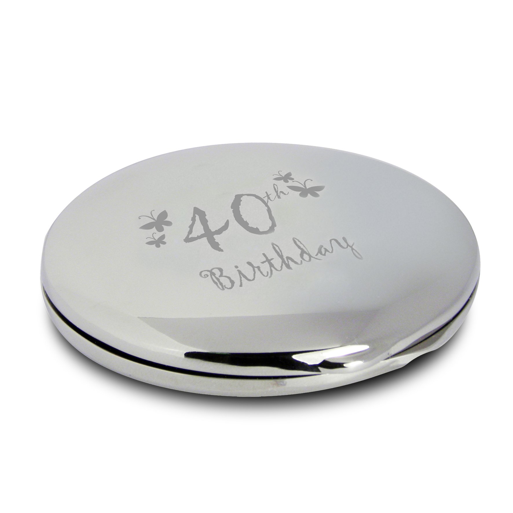 Silver Finish Engraved 40th Birthday Round Compact Mirror with Butterflies Great Idea for Birthday Gift Friends Presents Gifts