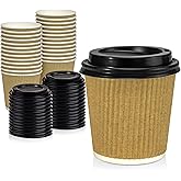 Fit Meal Prep 50 Pack 4 oz Insulated Ripple Triple Wall Paper Coffee Cups with Black Lids, Premium Disposable, Brown To Go Anti Slip for Hot Beverage, Christmas, Travel, Office
