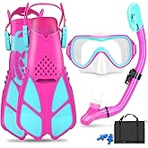 Kids Snorkel Set Mask Fins-Panoramic Snorkel Mask+Dry Top Snorkel+Adjustable Swim Fins+Mesh Bag+Earplugs for Boys Girls, Junior Snorkeling Gear for Kids Ages 5-14