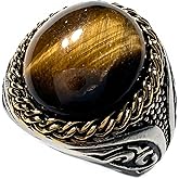 JWM Men's Stainless Steel Rings Retro Natural Large Tiger Eye Stone Rings for Men Women Adults, Cocktail Party Biker Animal Ring, Delicate Packaging with Box