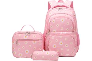 Glodwheat Daisy Printed Backpack For Girls- 3Pc Set With Lunch Box & Pencil Case, Lightweight Water-Resistant Bookbag For Elementary School
