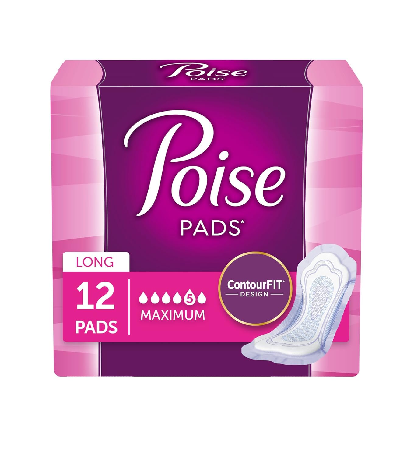 Poise Incontinence Pads, Maximum Absorbency, Long, 12 Count (6 Cases
