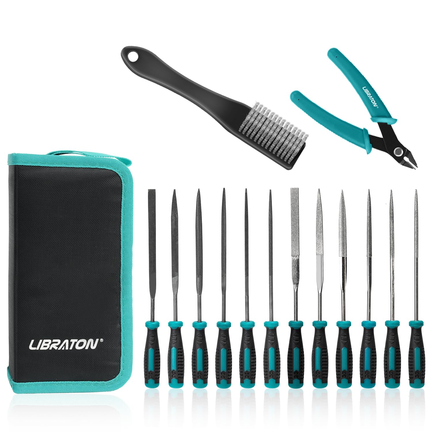 Libraton Needle File Set, Mini File 14PCS, Needle Jewelry Files, 6 Diamond Files, 6 Carbon Steel Files with Wire Cutter, Brush, Carrying Bag, File Tools for Woodworking, Metalworking, Model, Hobby