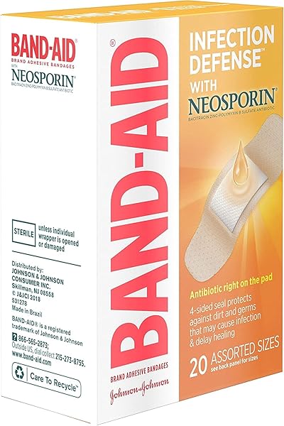 BAND-AID BRAND ADHESIVE BANDAGES INFECTION DEFENSE WITH NEOSPORIN ANTIBIOTIC OINTMENT, PACK OF ASSORTED SIZES, FOR WOUND CARE AND FIRST AID, 20 CT