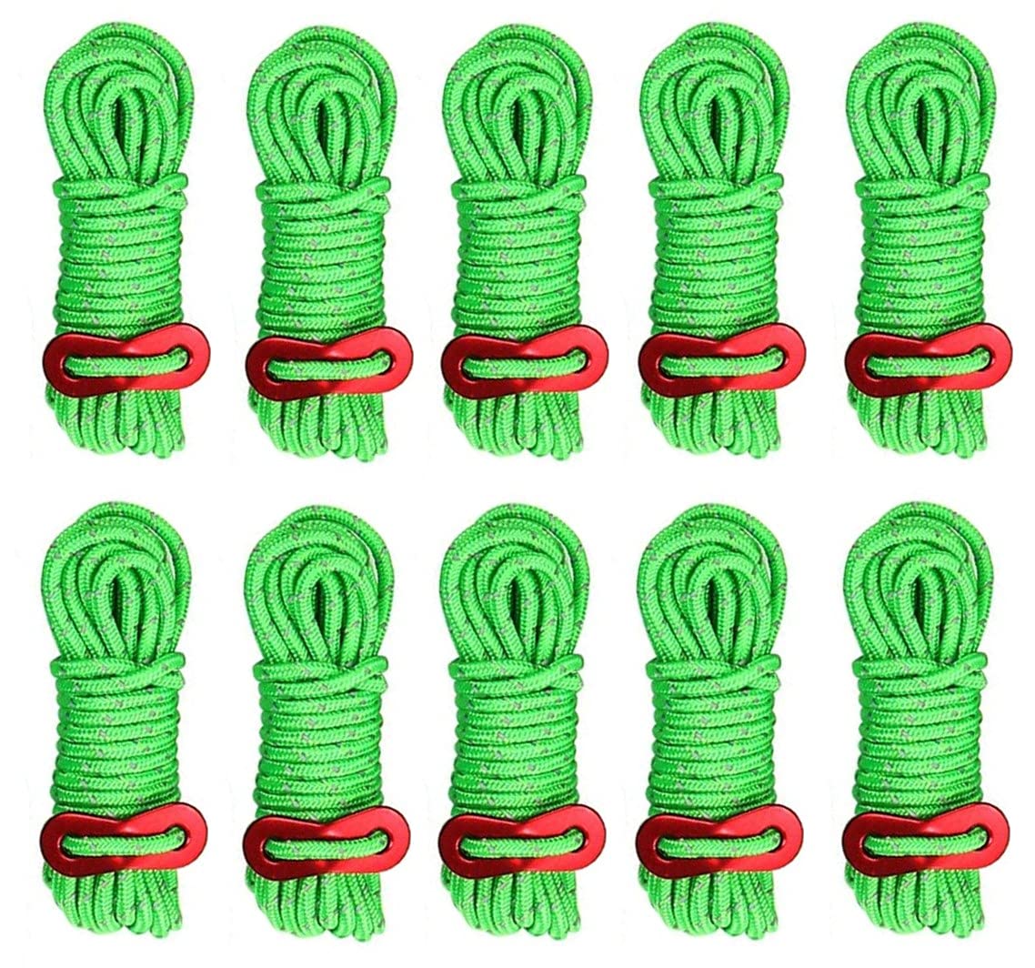 KAHEIGN 10Pcs Reflective Tent Guy Ropes, 4mm Light-Weight Tent Camping Rope 4M Long Tent Guide Lines Cord with Tensione Adjuster for Outdoor Camping Hiking Awning Tents Windproof