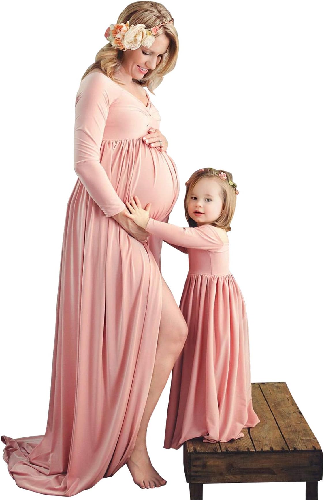 Mommy&Me Solid Color Maxi Dress Family Matching Off Shoulder Long Sleeve Long Dress Maternity Dress for Photography