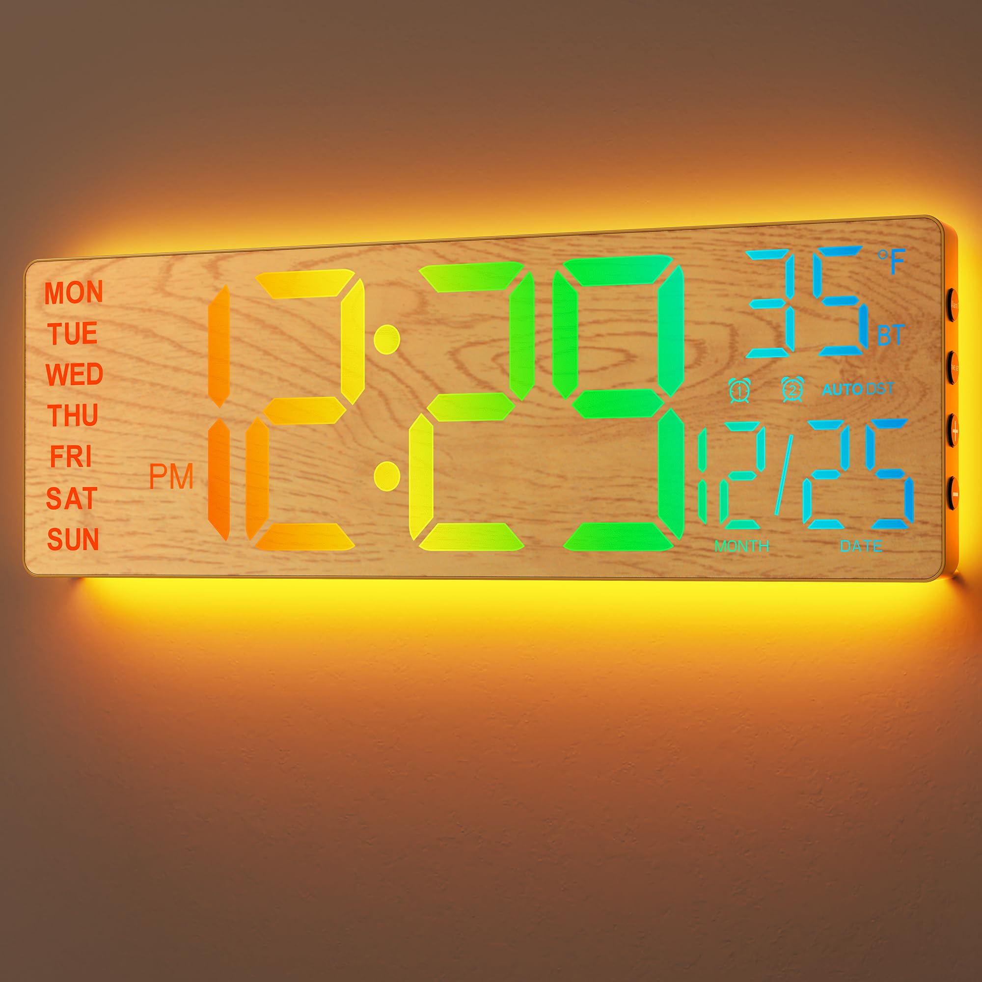 EASYERA 16.5" Large Digital Wall Clock with BT Sync, Wood Grain Clock with 11 RGB Light Scenes, Remote Control, Dual Alarms with Big LED Display, Auto DST, Temperature for Classroom Gaming Image