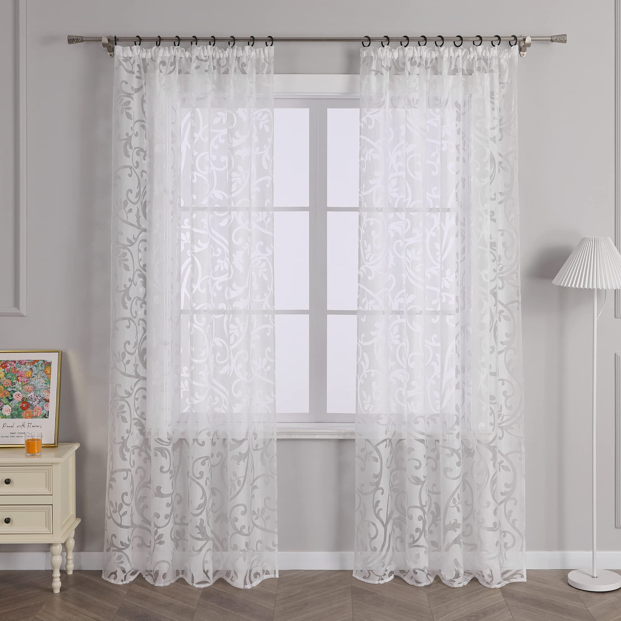 Delien Voile Curtain with Tendrils Design Transparent with Ruffle Tape 140 x 245 cm White