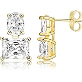 MDFUN 18K Yellow Gold-Plated Cubic Zirconia Stud Earrings for Women – Oval Rectangle CZ Hypoallergenic Earrings