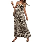 SweatyRocks Women's Leopard Print Ruffle Sleeveless Halter Maxi Dress Vacation Dresses