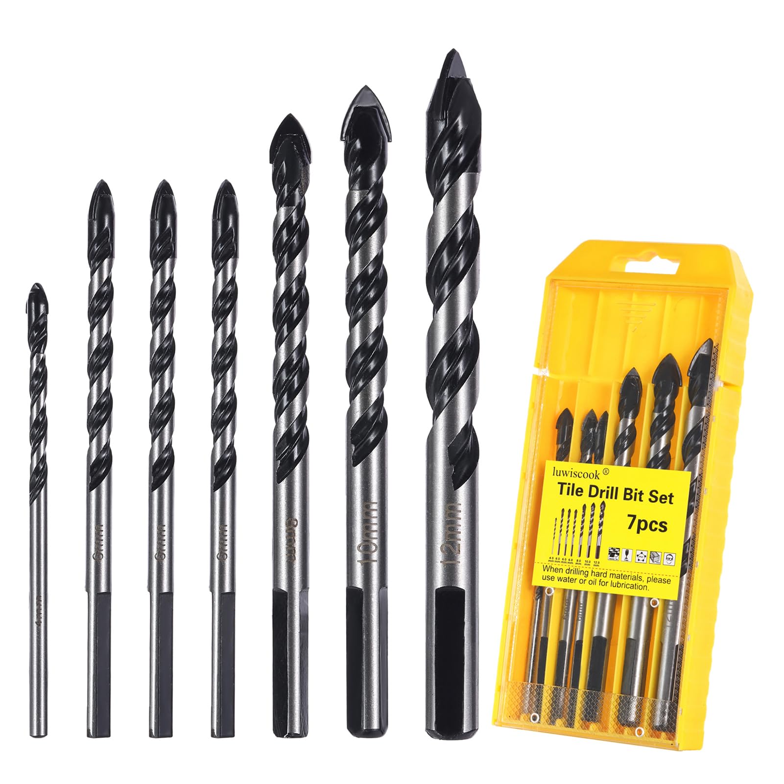 luwiscook 7PCS Tile Drill Bits Set 4/6/6/6/8/10/12mm, Masonry Drill Bit for Porcelain Ceramic Tile, Concrete, Brick Wall, Glass, Plastic, Cement and Wood, Industrial Strength Carbide Drill Bits Set
