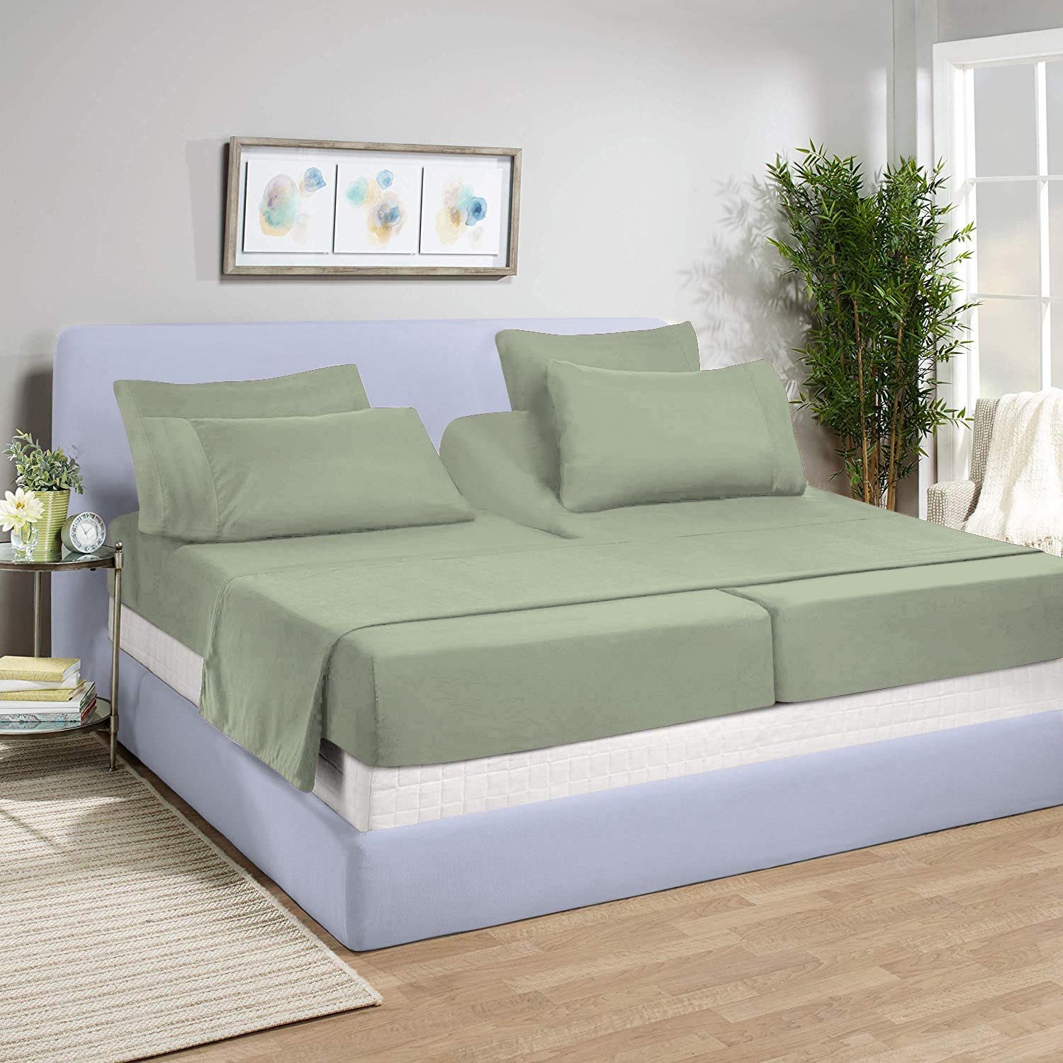 Photo 1 of Split California King Sheets Sets for Adjustable Bed, 800 Thread Count Egyptian Cotton Sheets, 5 Piece Split Cal-King Sheet Set, Sateen Sheets, 21" Deep Pocket - Sage Solid