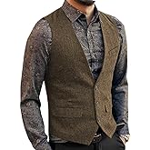 Zeattall Men's Herringbone Tweed Wool Suit Vest Single Breasted Slim Fit Waistcoat Vest