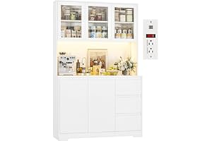 FINETONES 71" Kitchen Pantry Cabinet with LED Lights and Charging Station, Modern Kitchen Cabinet Hutch Cabinet with Storage and Microwave Stand, Pantry Cabinet Buffet with Countertop, White