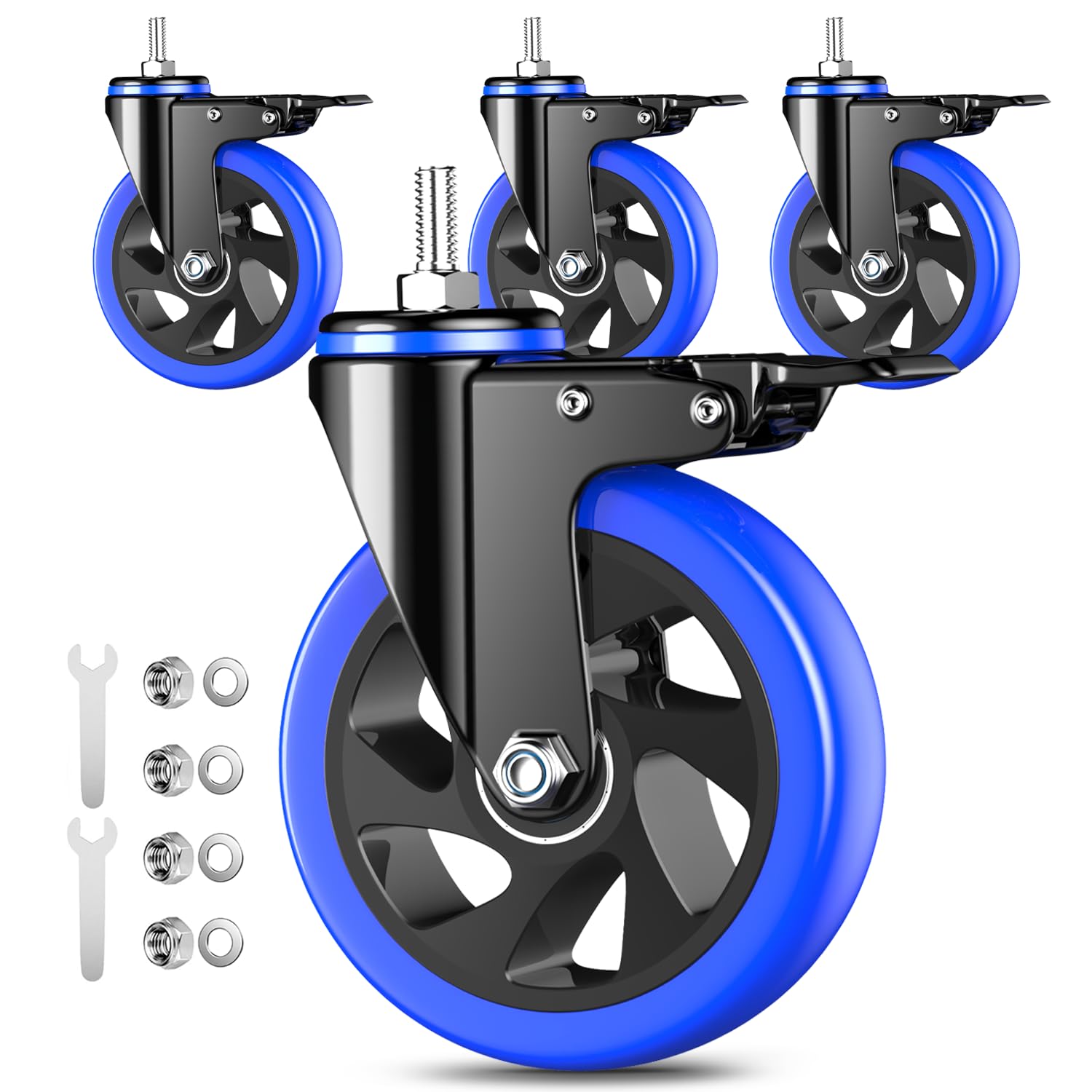 Photo 1 of 5 Inch Caster Wheels Heavy Duty Stem Caster 2200Lbs, Threaded Stem Casters 3/8"-16 x 1(Stem Diameter 3/8", Stem Length 1"), Swviel Locking Caster Set of 4, Industrial Castor Wheels for Cart,Furniture