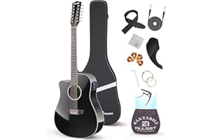 ALLSET Left Hand 12 String Guitar Acoustic Electric | Full Size Guitar with Cutaway, Spruce Top Guitarra Acustica, AUX Strap, Strings, Pick | Fingerstyle Kit for Live Performance | (Black)