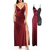 Popilush Women's Sexy Maxi Dress Deep V Neck Ruched Shapewear Dresses Side Slit Formal Cocktail Party Dress