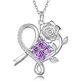 Aurora Tears Birthstone Love Heart Rose Pendant Necklace - 925 Sterling Silver Snowflake Cut Square Cubic Zirconia Ribbon Necklace Anniversary Birthday Jewelry Gift for Women Wife Mom Daughter