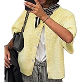 RUEWEY Women's Knitted Button Down Cardigan Short Sleeve Crew Neck Relaxed Sweater Going Out Knit Tops