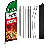 QSUM Fresh Hot Pizza Flag for Business, 8FT Fresh Hot Pizza Feather Flag Banner, Polyester Advertising Swooper Flag with Aluminium Alloy Flag Pole Kit, Stainless Steel, Ground Spike, Portable Bag