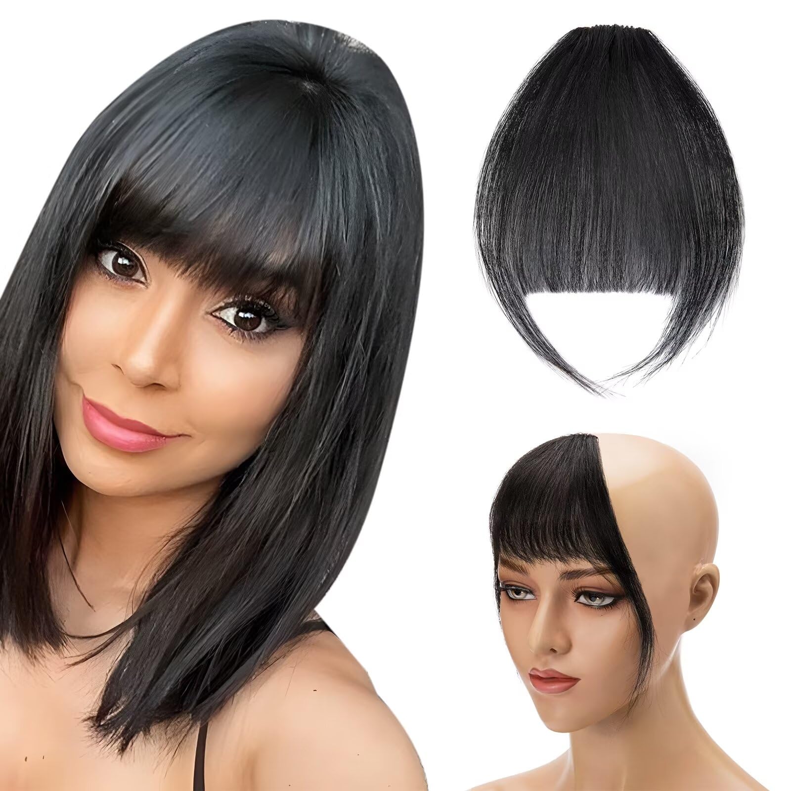 Silk-co One Piece Thin Front Bangs Clip in Hair Extensions Wispy Fringe 8" #01 Jet Black Real Remy Human Hair Piece
