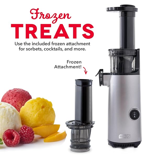 DASH DELUXE COMPACT COLD PRESS JUICER – SLOW MASTICATING JUICER MACHINE FOR FRUITS AND VEGETABLES WITH FROZEN ATTACHMENT – EASY TO CLEAN JUICE PRESS FOR HOME COUNTERTOPS – GRAPHITE