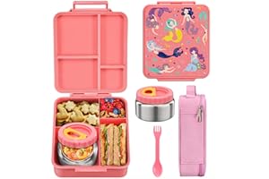 MAISON HUIS Bento Lunch Box for Kids With 8oz Soup Thermo, Leakproof Lunch Compartment Containers with 4 Compartment Bento Box, Thermo Food Jar and Lunch Bag, BPA Free,Travel, School(Mermaid)