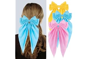 Loqpol 3 PCS Silky Satin Hair Bows, Oversized Long Tail Bows with Barrette Clips, Coquette Hair Accessories for Women and Girls (Blue - L.Pink - B. Yellow)