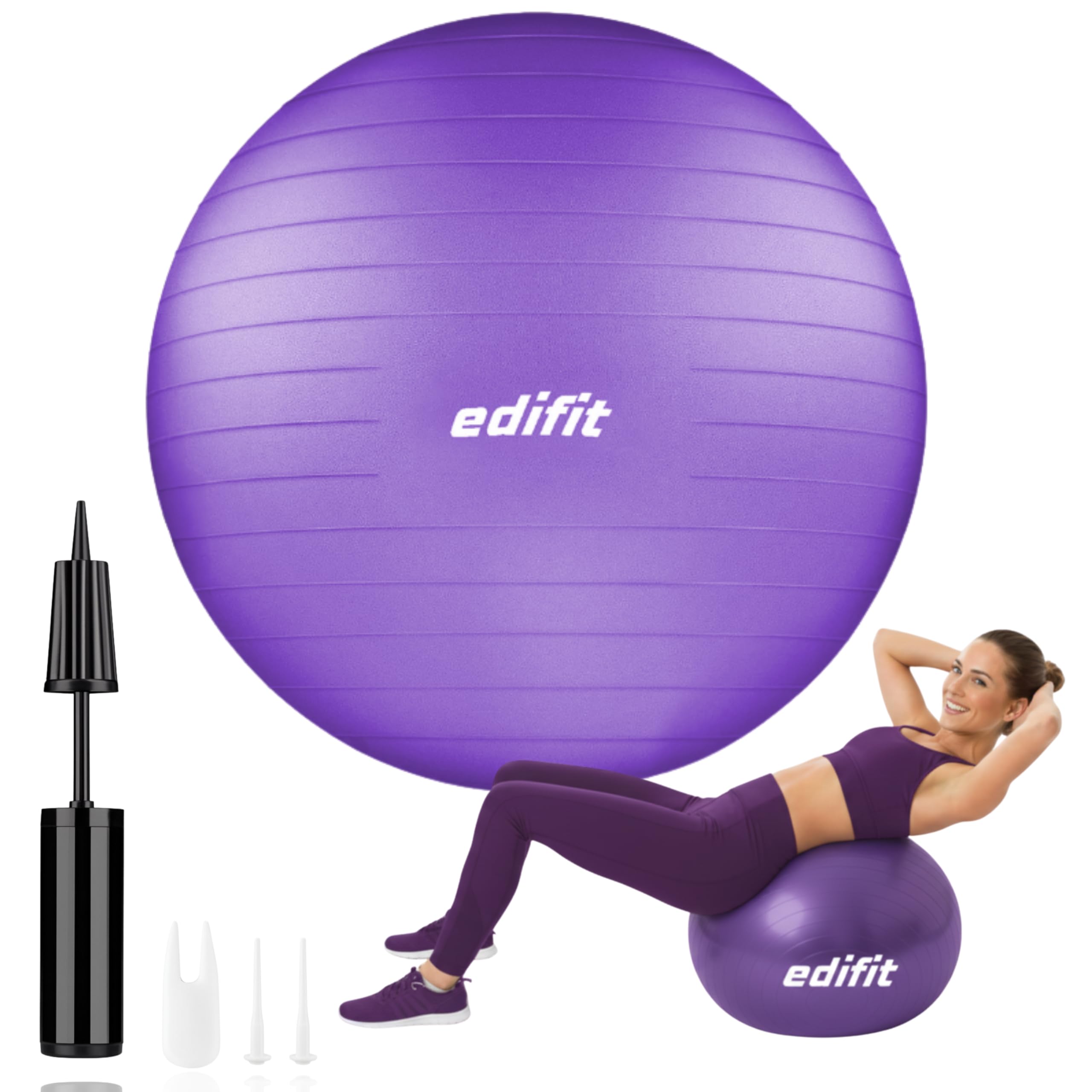 EDIFIT, Pilates Ball, 55.65 and 75, Home Exercise, Includes Pump, Fitball, Pregnant, Yoga Accessories, Gym, Various Sizes (75 cm, Violet)