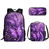 Dolyues 3 in 1 Purple Starry Butterfly Backpack Set for Girls Ages 6-12 School Bookbag with Insulated Lunch Box & Zipper Pencil Case, 17 Inch Galaxy Backpack for Elementary Middle School
