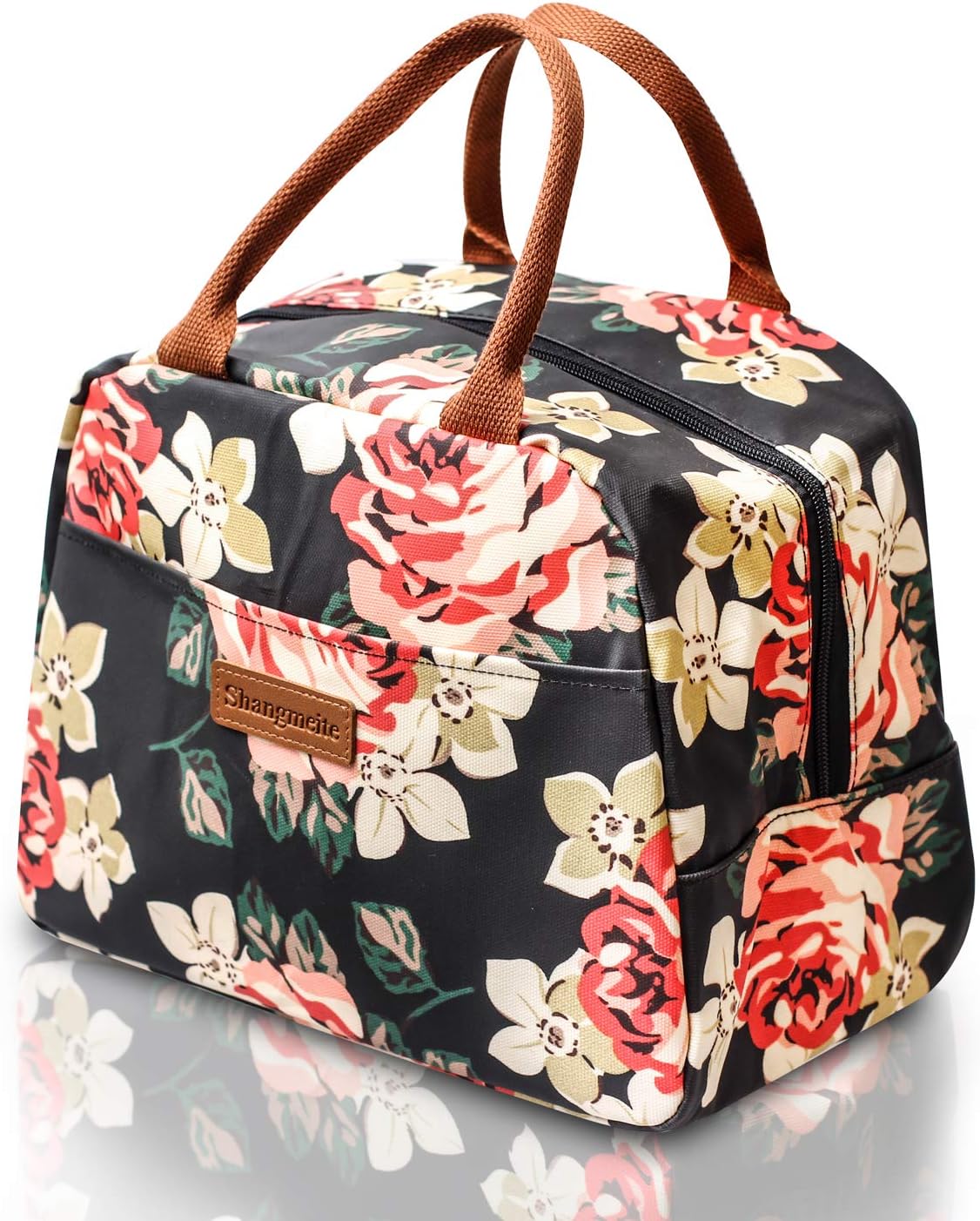 Shangmeite Lunch Bag Insulated Lunch Bags for Women Men Lunch Organizer Lunch Holder Tote Cooler Bag with Front Inside Pocket for Women/Men/Picnic/Work (Flowers + Black)