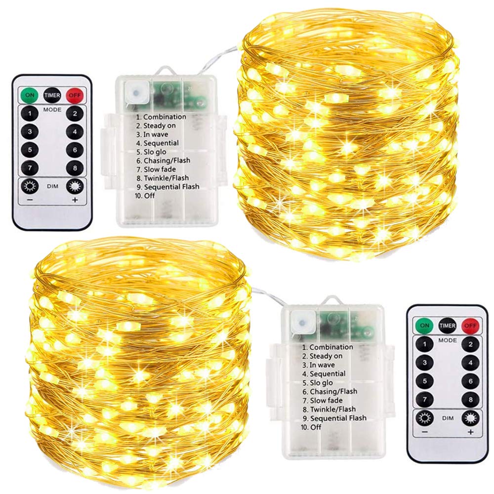 ooklee® 2 Pack Fairy Lights Battery Operated, 10M 100 LED String Lights Waterproof Outdoor/Indoor, 8 Modes with Remote Timer, Twinkle Lighting for Gazebo Party Room Garland Xmas Decor (Warm White)