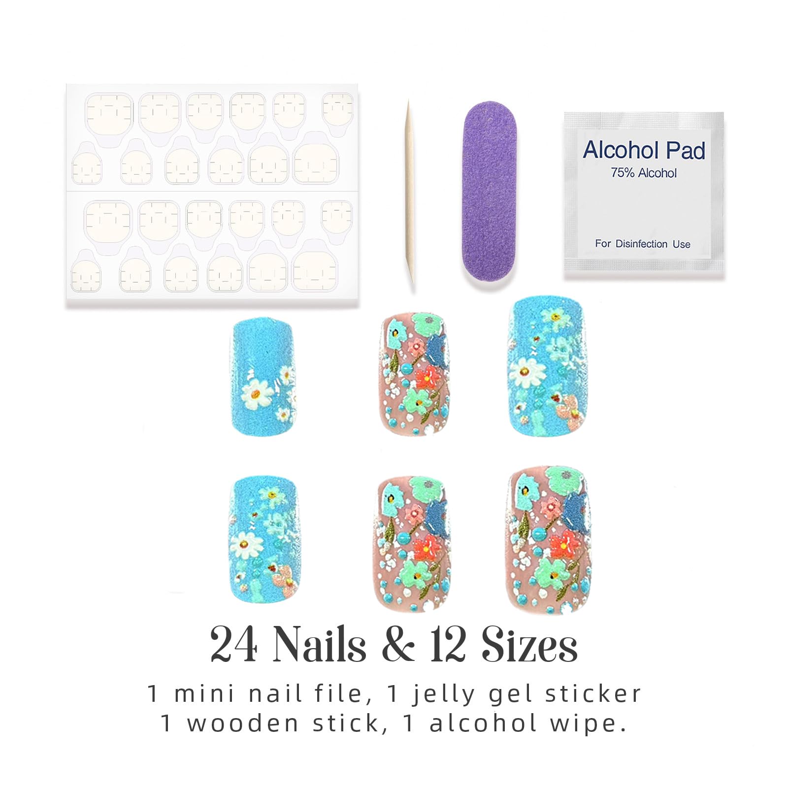 24 PCS Press on Nails Medium Square Nails Relief Mixed Color Flowers Spring Summer Design French Tip Fake Nails Classic Glue Nails Full Cover Gel French False Nails for Artificial Women DIY Manicure - Image 2