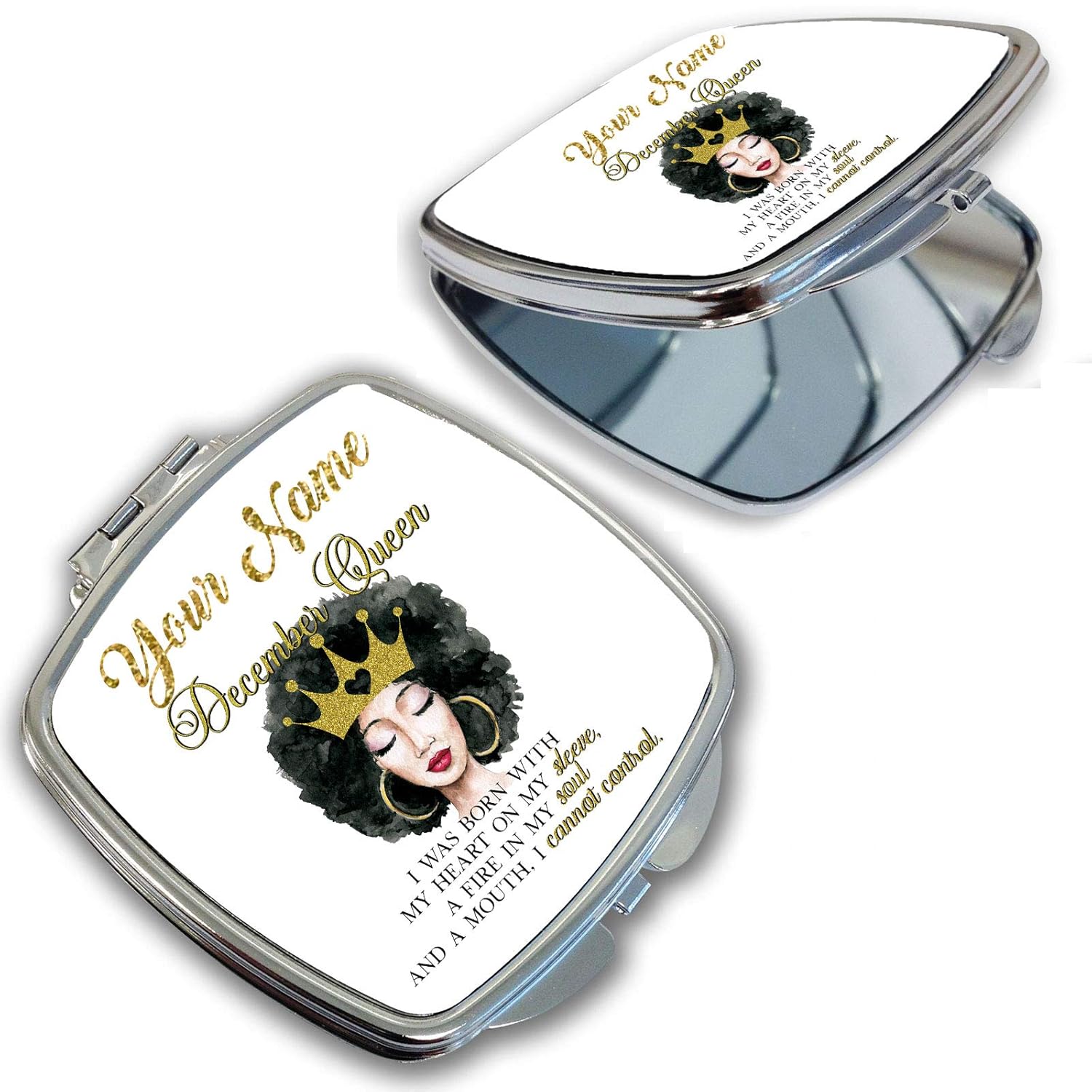 BRGiftShop Personalized Custom Name Gold Crown African American Birthday Queen Month December Compact Pocket Cosmetic Mirror