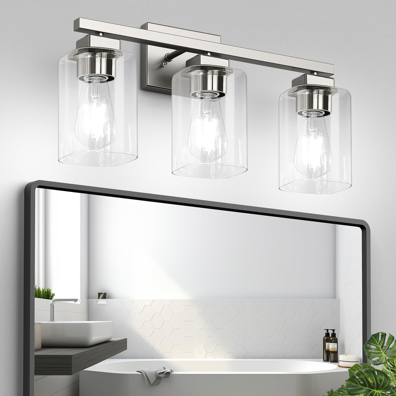 Photo 1 of Bathroom Vanity Light, 3-Light 19" Brushed Nickel Modern Matte Wall Sconce Lighting with Clear Glass Shade, Wall Lights,Bath Vintage Wall Mounted Lamps for Mirror Bedroom Living Room