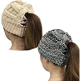 PHOGARY Ponytail Hat Messy Bun Beanie for Women Warm Trendy Soft Stretch Criss Cross Hat for Women Knit Hats for Women Winter Cute Winter Hats for Women 2 Pack (Colorful Black & Rice)